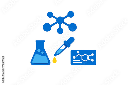 A collection of blue science icons including a molecular structure, a laboratory flask, a pipette with a yellow drop, and a chemical formula card on a black background.