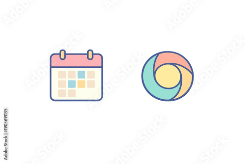 This graphic shows a stylized calendar icon next to a circular colorful web browser symbol. Both icons are designed in a minimalist flat style with pastel tones on black.