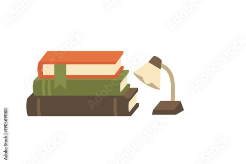 A flat illustration of three stacked books in orange, green, and brown colors next to a small desk lamp, all set against a solid black background. Ideal for study and learning concepts.