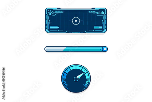 Three glowing blue sci-fi HUD elements featuring a rectangular data screen with a grid, a horizontal loading bar, and a circular speedometer icon against a dark background.