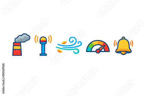 This collection features five flat design icons including a smoking factory chimney, a signal beacon, wind swirls, a color-coded gauge, and a ringing alert bell.