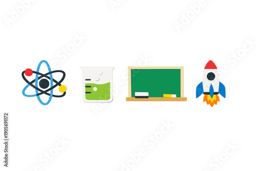 A collection of four colorful science and education icons including an atom, a beaker, a chalkboard, and a rocket ship, all set against a solid black background.