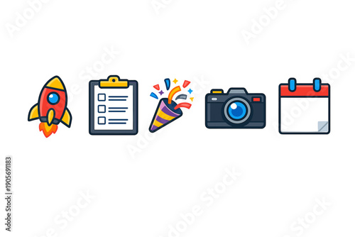 A set of five colorful flat icons including a rocket ship, a checklist clipboard, a party popper with confetti, a digital camera, and a calendar, all isolated on a black background.