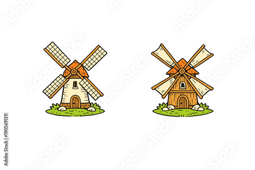 Two hand-drawn illustrations of vintage windmills against a black backdrop. One mill has a white stone body and the other is wooden, both standing on small green grassy mounds.
