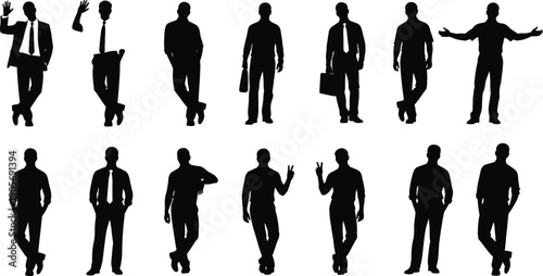 Business man silhouettes, male professional figures standing, corporate worker poses, successful employee icons, gentlemen in formal suit vector illustration