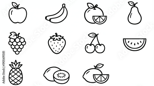 Simple Line Icons of Various Fruits food healthy