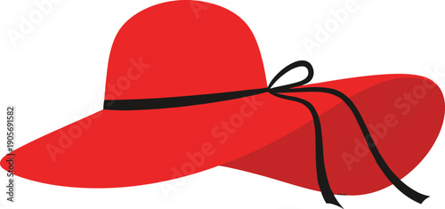 Elegant red wide brim hat, summer beach sunhat with black ribbon, female fashion accessory, headwear vector flat illustration