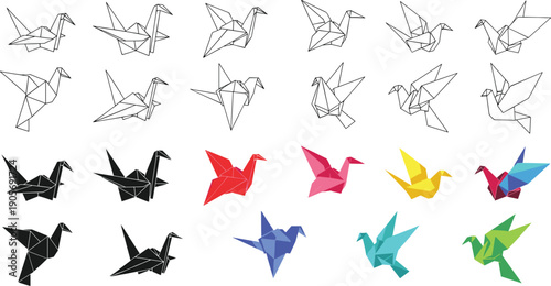 Origami paper birds collection, crane and swan flying silhouettes, geometric Japanese art icons, colorful paper fold vector line illustration
