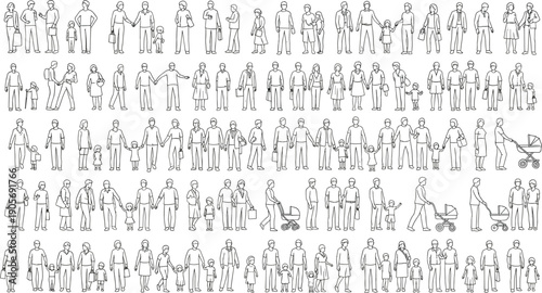 People outline icons, crowd walking, family with kids, couples holding hands, man woman standing, human figures, vector line art