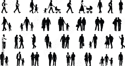 Pedestrian silhouettes collection, people walking in city, family with kids, couples holding hands, human figures vector black illustration, crowd silhouettes