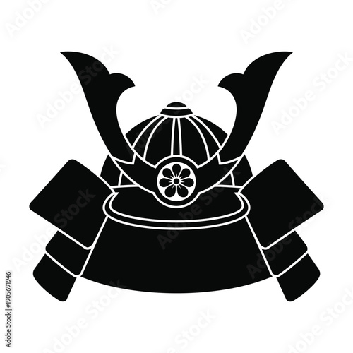 Minimalist Japanese Samurai Helmet Symbol Black White Vector Design