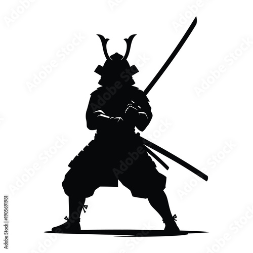 Bold Black Samurai Warrior Silhouette Katana White Background