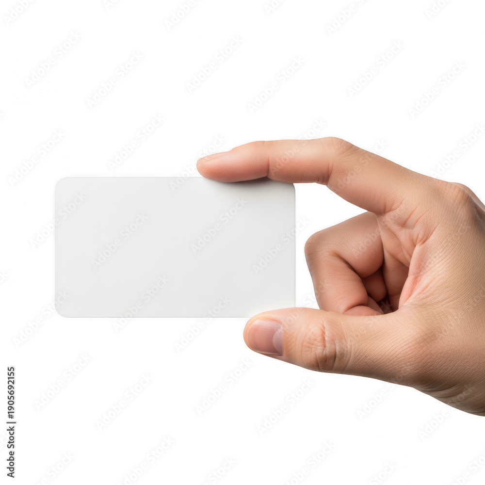 Obraz premium A hand holding a blank white card against a plain white background. isolated on transparent background