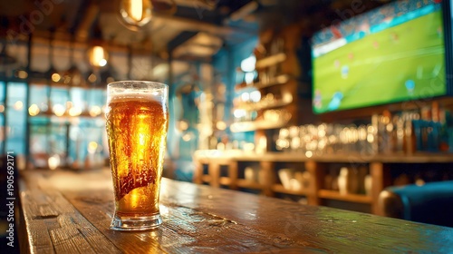 Beer at Sports Bar with Blurred Football Game on Screen