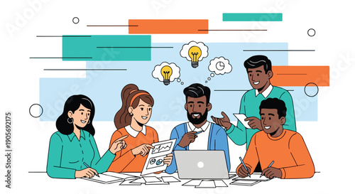 Diverse business team brainstorming and developing creative project ideas in a modern flat illustration.