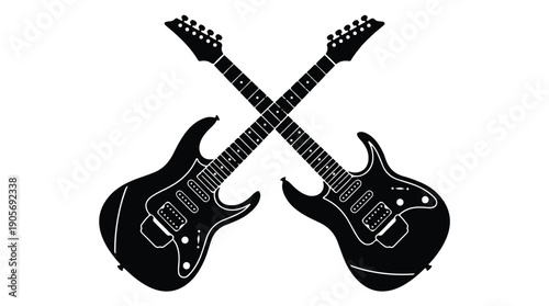 Two black electric guitars crossed on white background Keywords: guitar, electric guitar, music