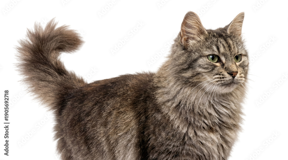 Fototapeta premium close-up profile of a majestic grey tabby cat with piercing green eyes and a fluffy tail, isolated on a transparent background for versatile design use.