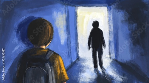 A shadowy figure standing at a brightly lit doorway