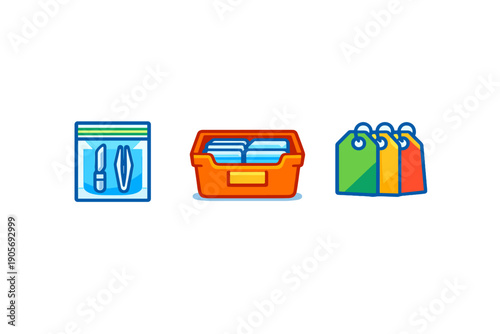 Three colorful vector icons featuring a plastic bag with medical tools, an orange storage bin with files, and a set of three hanging price tags on a black background.