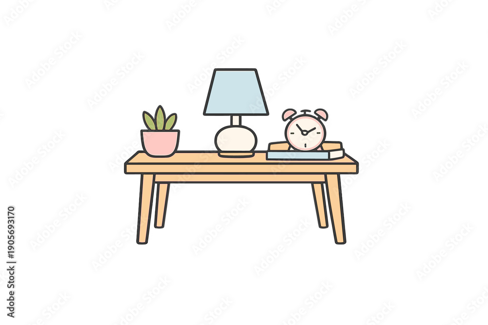 Fototapeta premium A minimalist flat vector illustration of a wooden table featuring a small green potted plant, a light blue table lamp, and a pink alarm clock resting on a book against a solid black background.