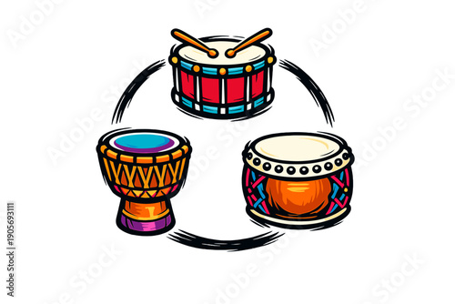 A vibrant vector illustration featuring three different types of drums, including a snare with sticks, a djembe, and a large barrel drum, arranged in a circle on a black background.