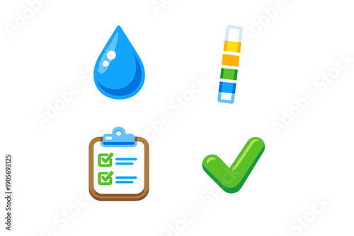 This collection features four stylized icons: a blue water droplet, a colorful test strip, a clipboard with a checklist, and a green checkmark, presented on a solid black background.