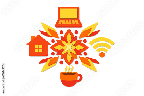 A stylized paper-cut illustration featuring a laptop, house, Wi-Fi symbol, and coffee cup arranged around a central floral design in warm orange and yellow tones on a black background.