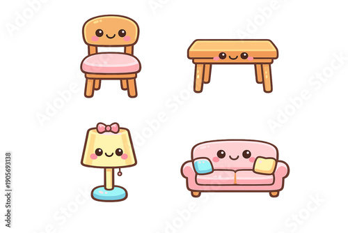 A collection of four cute cartoon furniture characters including a chair, table, lamp, and sofa, each featuring a smiling face and rosy cheeks on a solid black background.
