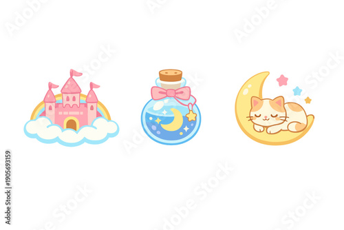 Three cute pastel illustrations featuring a pink castle on a cloud with a rainbow, a blue magic potion bottle with a moon inside, and a calico cat sleeping on a yellow crescent moon.