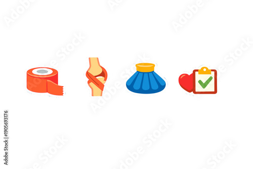 A set of four medical stickers featuring a roll of orange tape, a bandaged knee joint, a blue ice pack, and a red heart with a health checklist on a solid black background.
