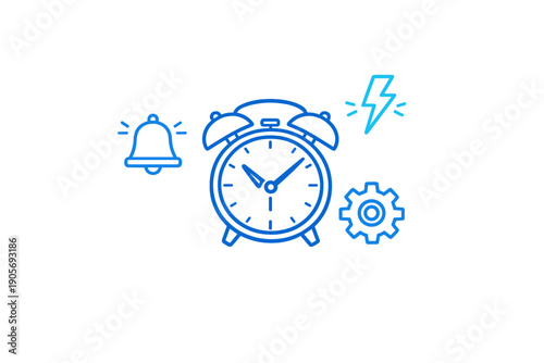 A blue line art illustration featuring an alarm clock, a ringing bell, a lightning bolt, and a gear on a black background, representing time management and productivity concepts.