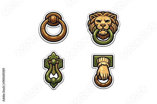 A collection of four decorative door knocker illustrations featuring a simple ring, a lion head, an ornate vintage design, and a hand holding a ring, all set against a black background.