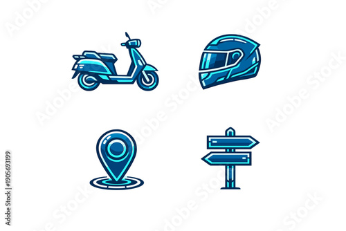 A set of four modern blue icons featuring a scooter, a motorcycle helmet, a location pin, and a directional signpost, all designed with a glowing neon aesthetic on a black background.