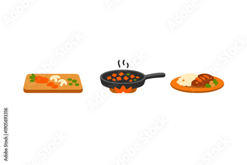 A flat illustration showing three stages of meal preparation: chopping vegetables on a board, cooking them in a frying pan over a flame, and serving a finished plate with meat and potatoes.
