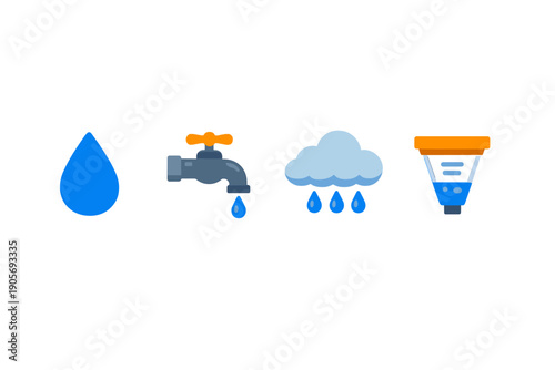 This illustration features four distinct water icons: a blue drop, a grey tap with an orange handle, a raining cloud, and a water filter, all set against a black background.