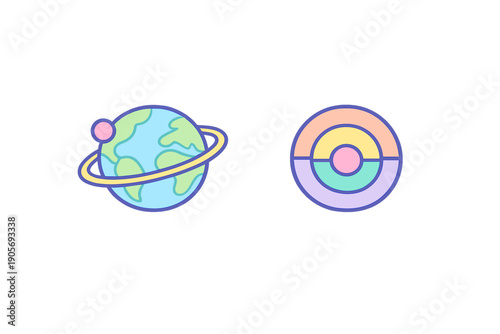 A minimalist illustration of a ringed planet with a pink moon alongside a colorful concentric circle diagram, both rendered in soft pastel tones against a dark backdrop.