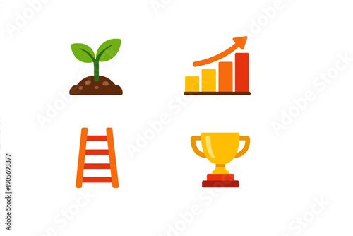 Four colorful icons representing growth and success are displayed on a black background, including a green sprout, a rising bar chart, an orange ladder, and a golden trophy cup.