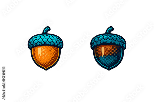 Two stylized acorns with blue textured caps and orange bodies are shown against a black background. The illustration features a comic book style with halftone patterns and bold outlines.