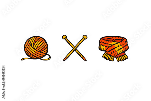 A stylized illustration featuring a ball of orange and yellow yarn, a pair of crossed knitting needles, and a matching knitted scarf set against a solid black background.
