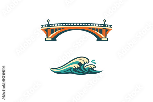 A stylized graphic illustration featuring an orange arched bridge with street lamps above a crashing teal and cream ocean wave, set against a solid black background.