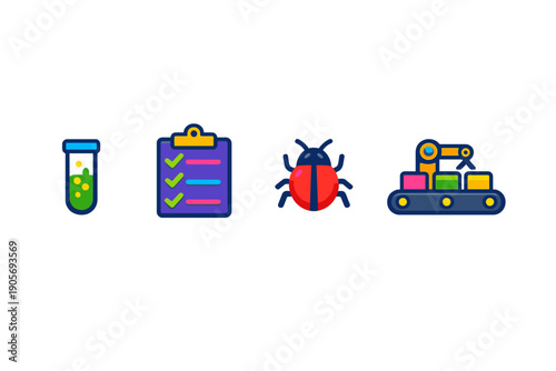 A set of four colorful flat icons representing a test tube with green liquid, a checklist on a clipboard, a red bug, and an automated conveyor belt with a robotic arm.