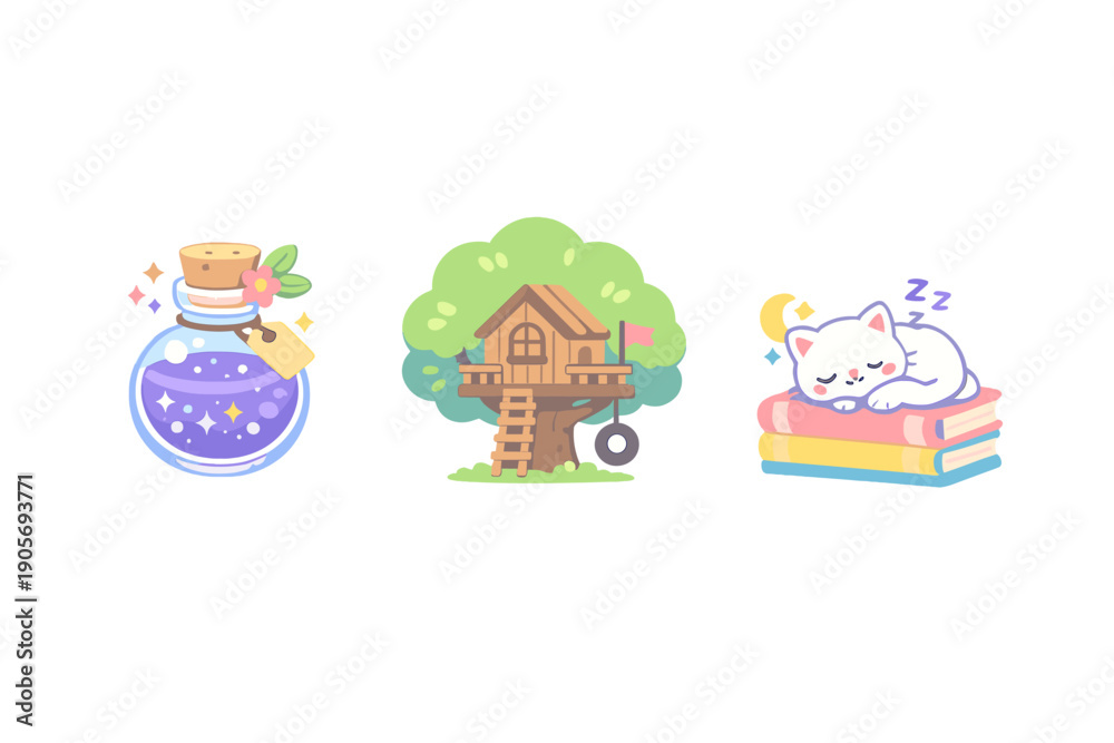 Fototapeta premium A collection of three cute illustrations featuring a magical purple potion bottle, a cozy wooden treehouse with a tire swing, and a white cat sleeping on a stack of colorful books.