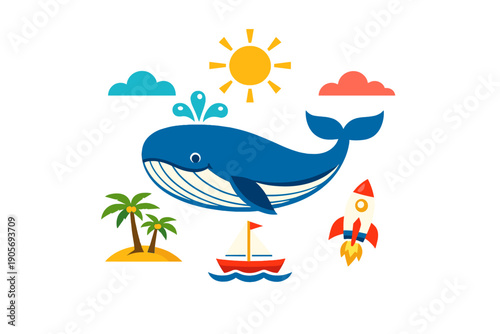 A colorful flat vector illustration featuring a large blue whale surrounded by a sun, clouds, a tropical island with palm trees, a sailboat, and a rocket ship on a black background.