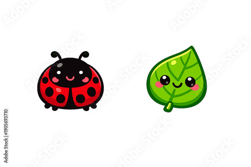 A cute cartoon ladybug with a smiling face and a green leaf with a smiling face are shown side by side on a black background. Both characters have large eyes and pink cheeks.