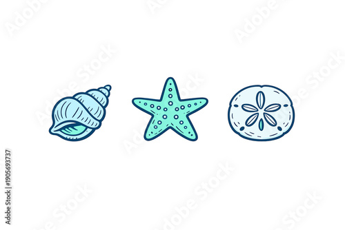 Three stylized sea life icons including a spiral seashell, a dotted starfish, and a sand dollar are displayed in a row against a solid black background in a hand-drawn vector style.