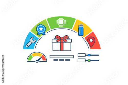This graphic shows a semi-circular performance meter with icons for tools, quality, processing, power, and location, centered around a white gift box with a red bow.