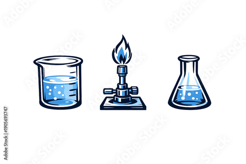 Three blue icons of chemistry laboratory equipment including a beaker, a Bunsen burner with a blue flame, and a conical flask, shown with liquid inside on a solid black background.