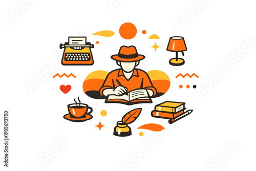 A flat illustration of a writer wearing a hat, sitting and writing in an open book. The scene includes a typewriter, coffee, books, and an inkwell on a black background.