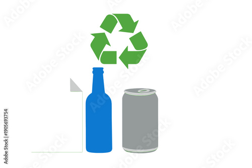 A green recycling symbol is positioned above several recyclable items including a white sheet of paper, a blue glass bottle, and a grey aluminum can on a black background.