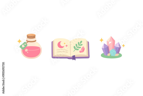 Three whimsical fantasy icons featuring a pink potion bottle, an open spell book with a moon and leaf, and a group of colorful crystals, all set against a black background.